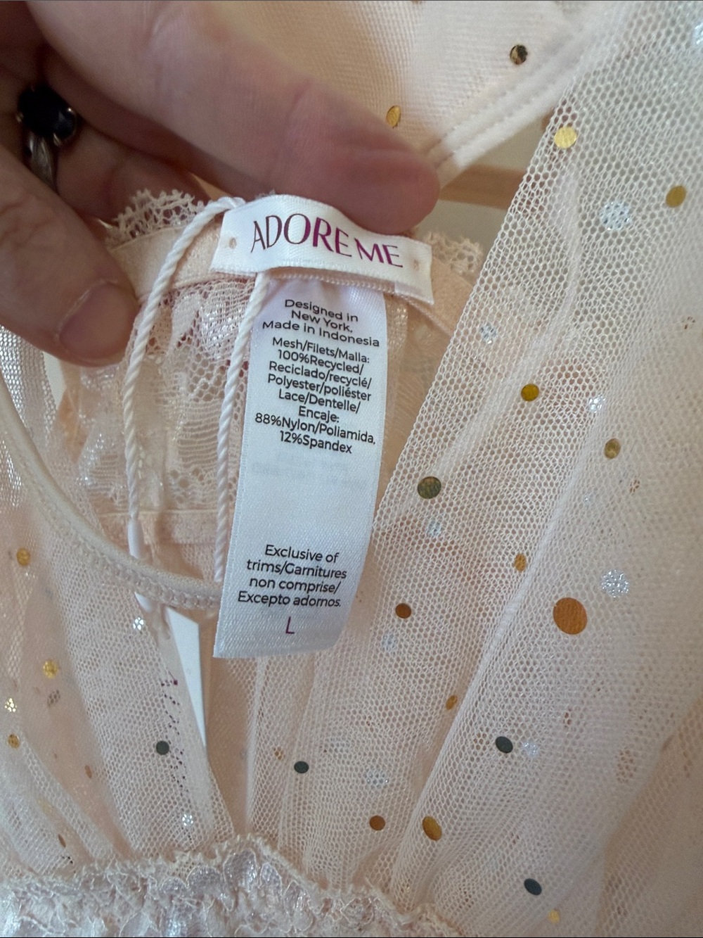 NWT Adore Me Blush Pink Sequin Mesh Chemise with thong, size L - Picture 2 of 8